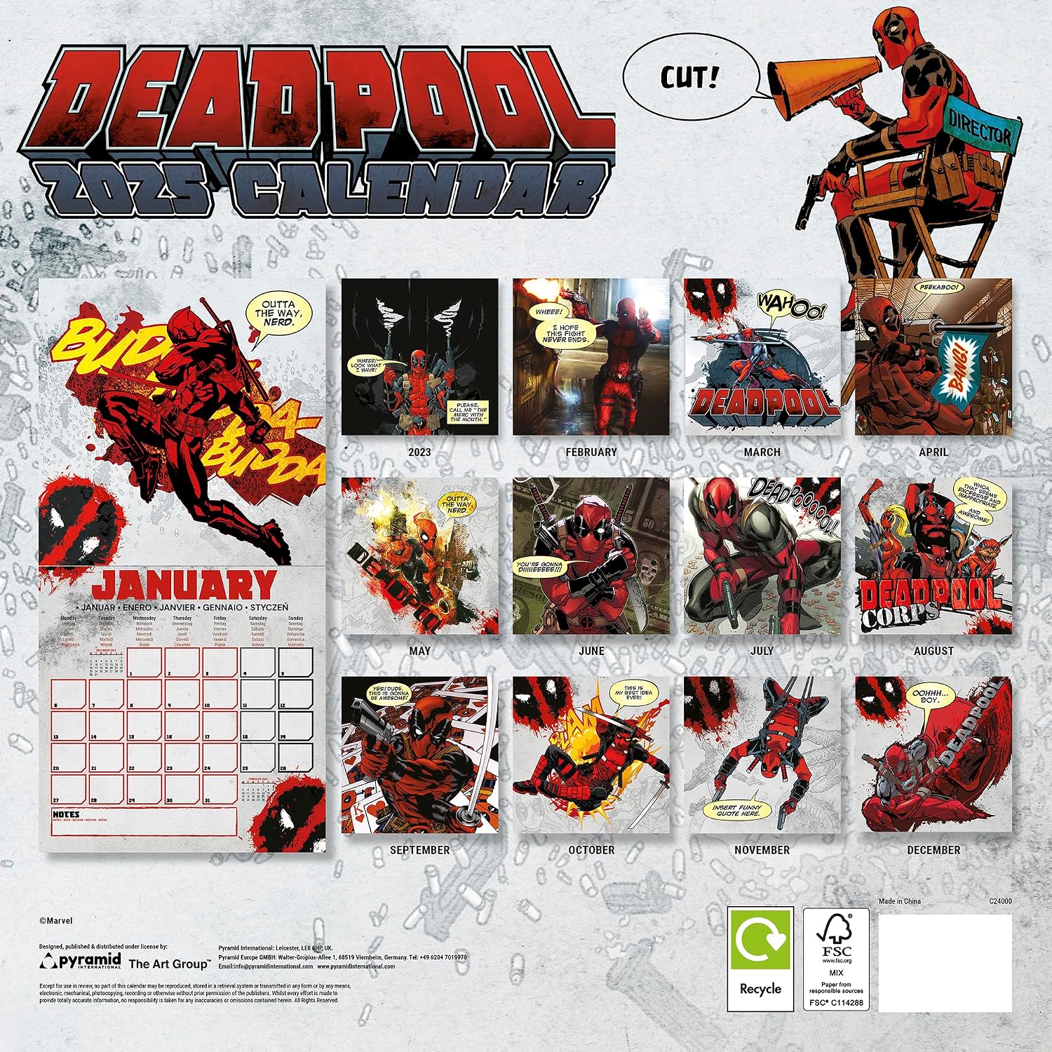 Detalle 2 de Deadpool 2025 – kalendarz typu piramida 30 × 30 cm z ilustracjami