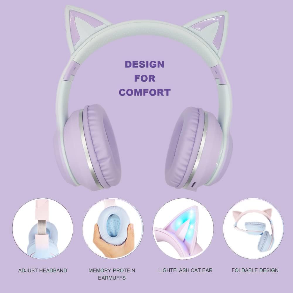 Detalle de Usoun Casque Audio Enfant Bluetooth – Bluetooth 5.0, LED, volume limité à 85 dB, casque pliable avec micro