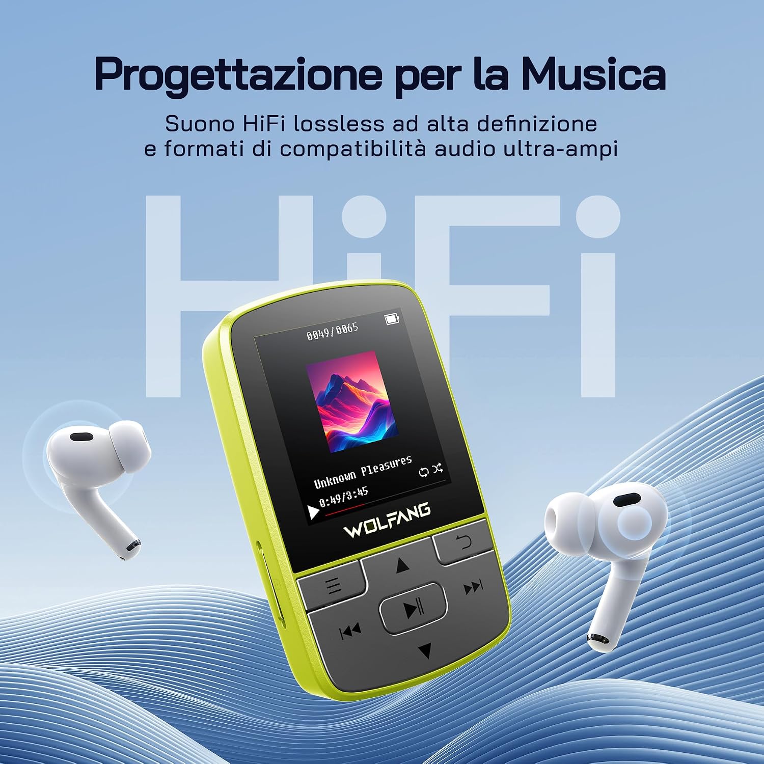 Detalle de Lettore MP3 WOLFANG con Bluetooth 5.2 e clip sportiva: compatto, versatile e pensato per chi è sempre in movimento