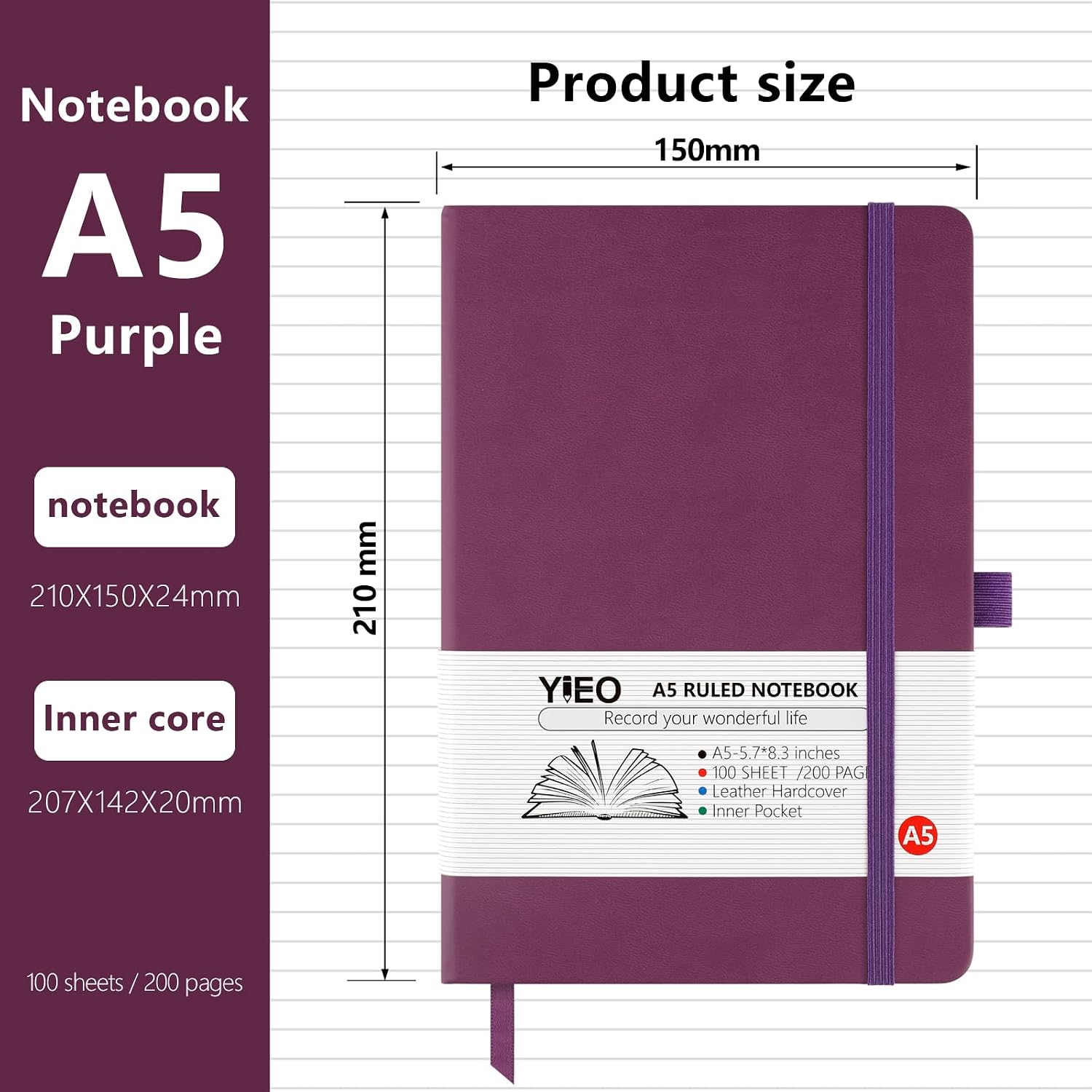 Detalle de YIEO A5 Hardback Journal Notebook 2-Pack (PU leather covers, lined pages, bookmark & pen loop)
