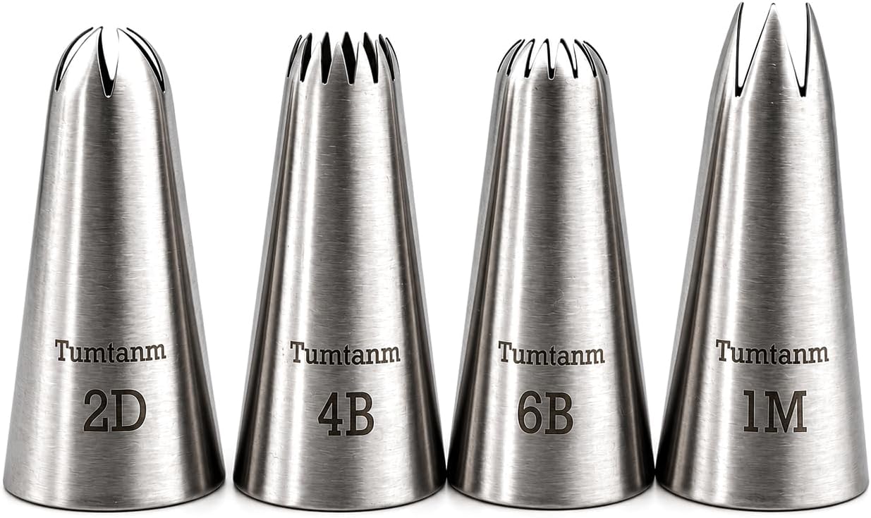 Tumtanm #1M #2D #4B #6B Large Piping Nozzles – 4pc Stainless Steel Set for Cakes & Baking