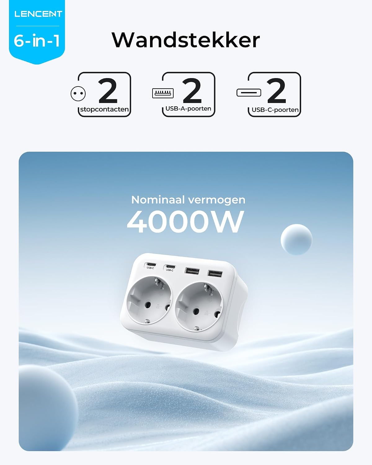 Detalle de LENCENT PA034EUEU stopcontactverdeler met 2 stopcontacten, 4 USB-poorten en 4000 W