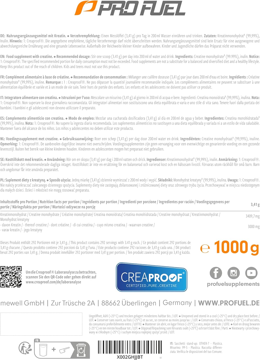 Thumbnail 5 de CREAPROOF® Creatin Monohydrat 1000 g – 3 g Creatin pro Portion, vegan, Laboranalysen pro Charge