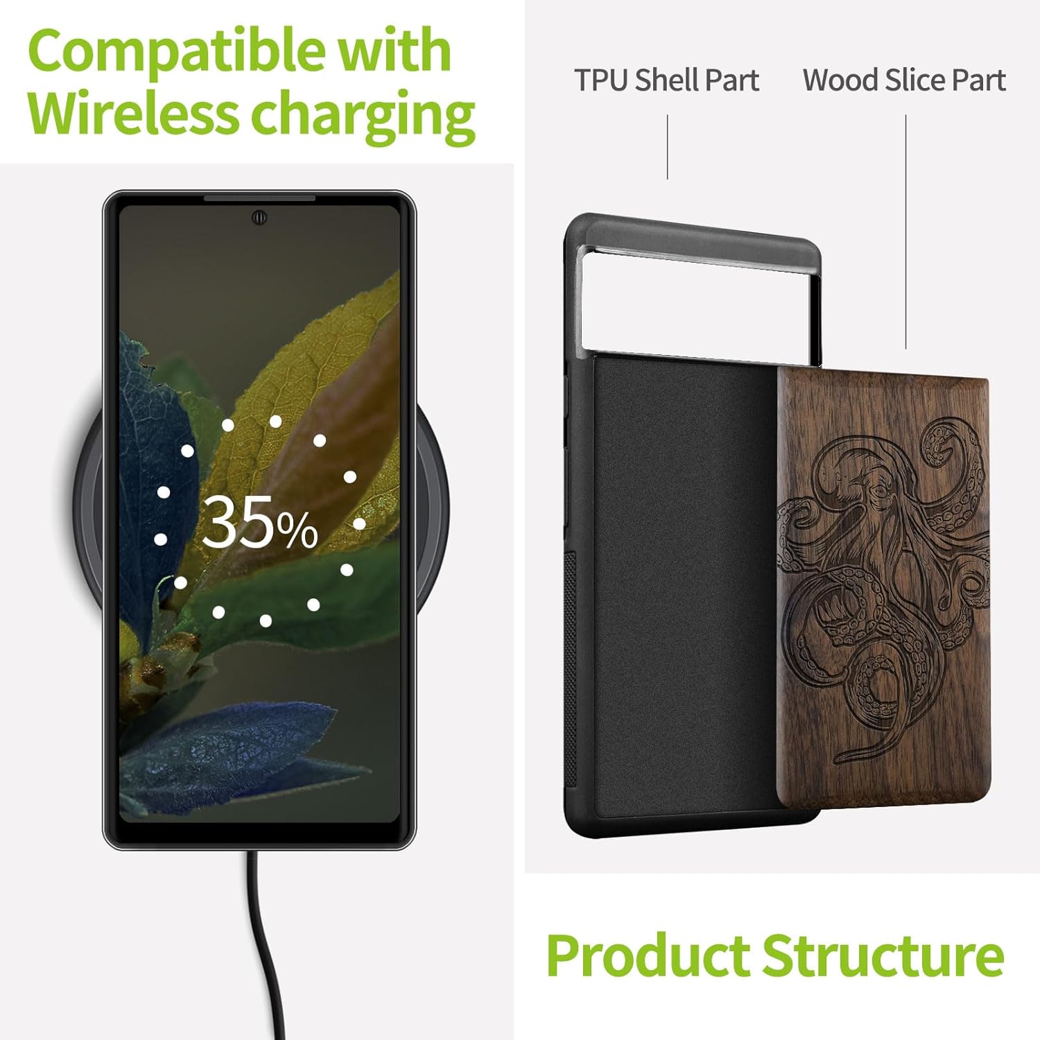 Thumbnail 4 de Carveit Wood Case for Pixel 8a — Natural Wood & Black Soft TPU, Walnut Octopus Engraving