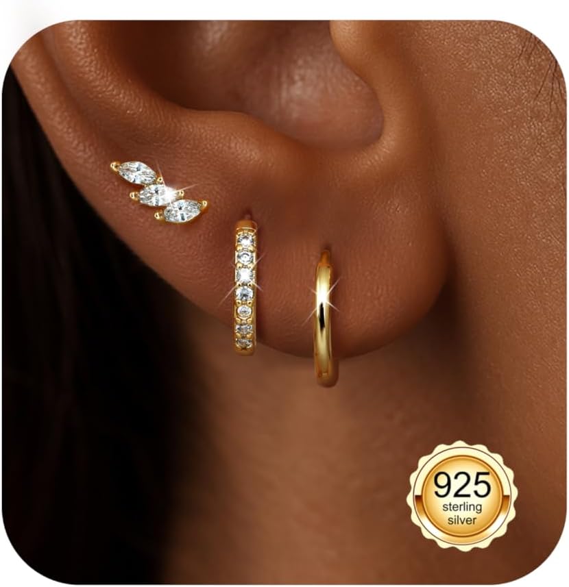 Detalle de Diamday 3 Paar Ohrringe Silber 925 Creolen – hypoallergen und vergoldet