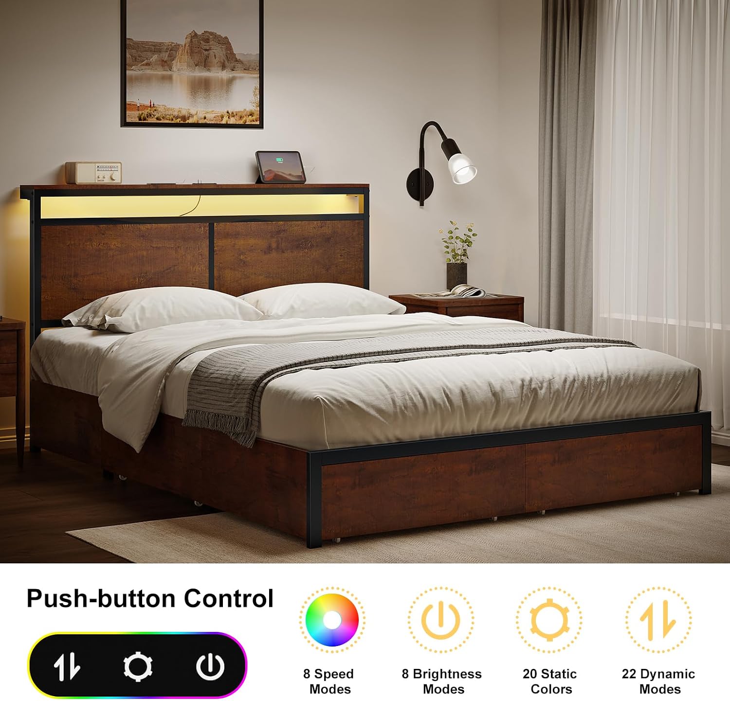 Detalle de HAUSOURCE Queen Bed Frame with Storage, LED Headboard and Charging Station