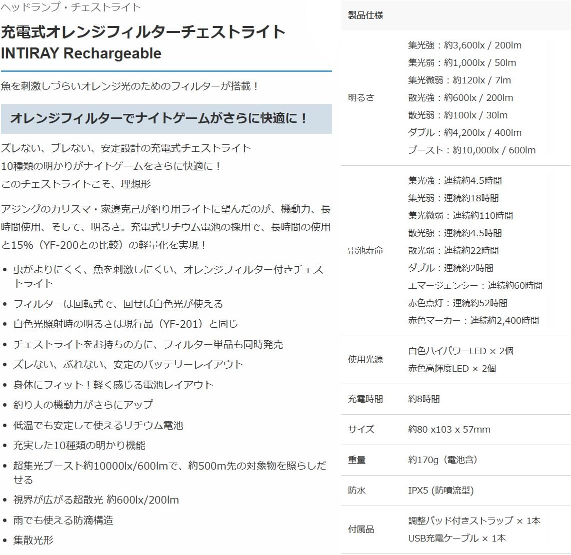 Detalle 2 de ハピソン YF-201 首掛け型充電式チェストライト 白色LED・赤色LED・多彩な点灯モード