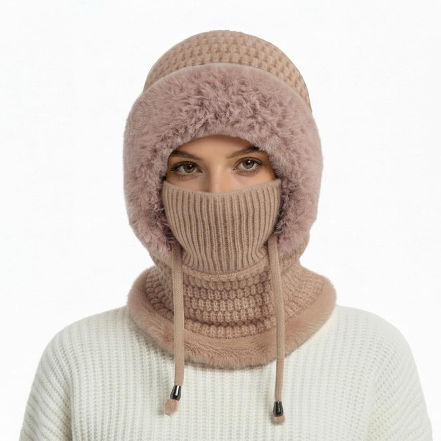 Thumbnail 2 de DRESHOW Women’s winter balaclava knit hat with drawstring hood scarf – 3-in-1 windproof face cover