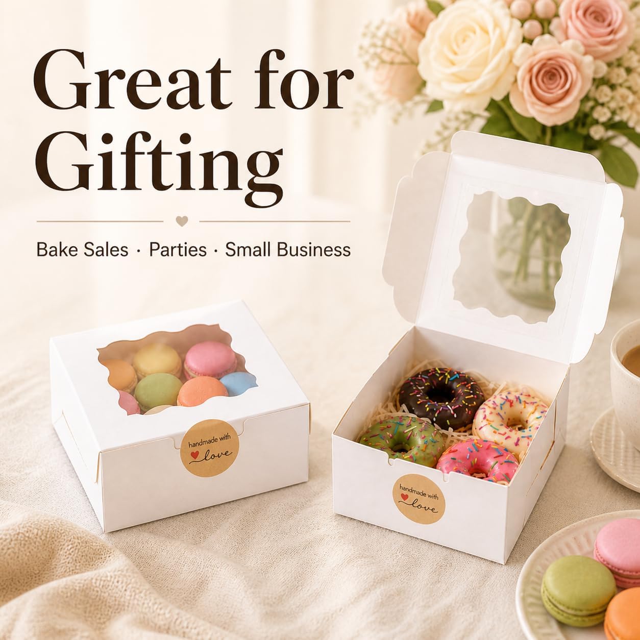 Thumbnail 6 de uprinacc 6 x 6 x 3 in Bakery Boxes with Window, Stickers, White Paperboard