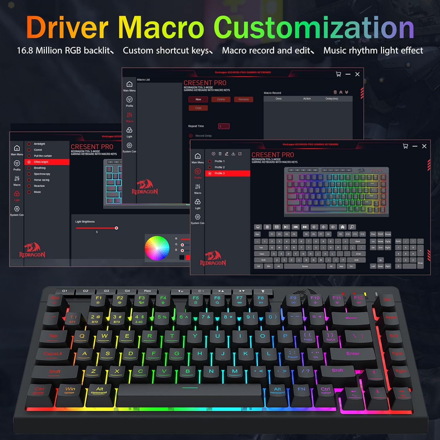 Thumbnail 6 de Redragon Wireless Gaming Keyboard (75% Tri-Mode) Bluetooth/2.4GHz/USB-C, RGB Macro Keys, Anti-Ghosting