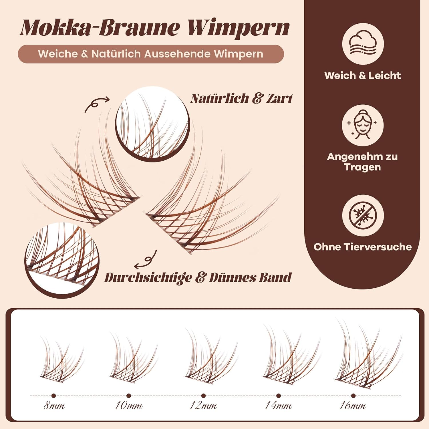 Detalle de B&Qaugen Lashes Extension Set Wispy Braun – DIY Braun Cluster-Lashes 8–16 mm, C-Curl mit Bond & Seal