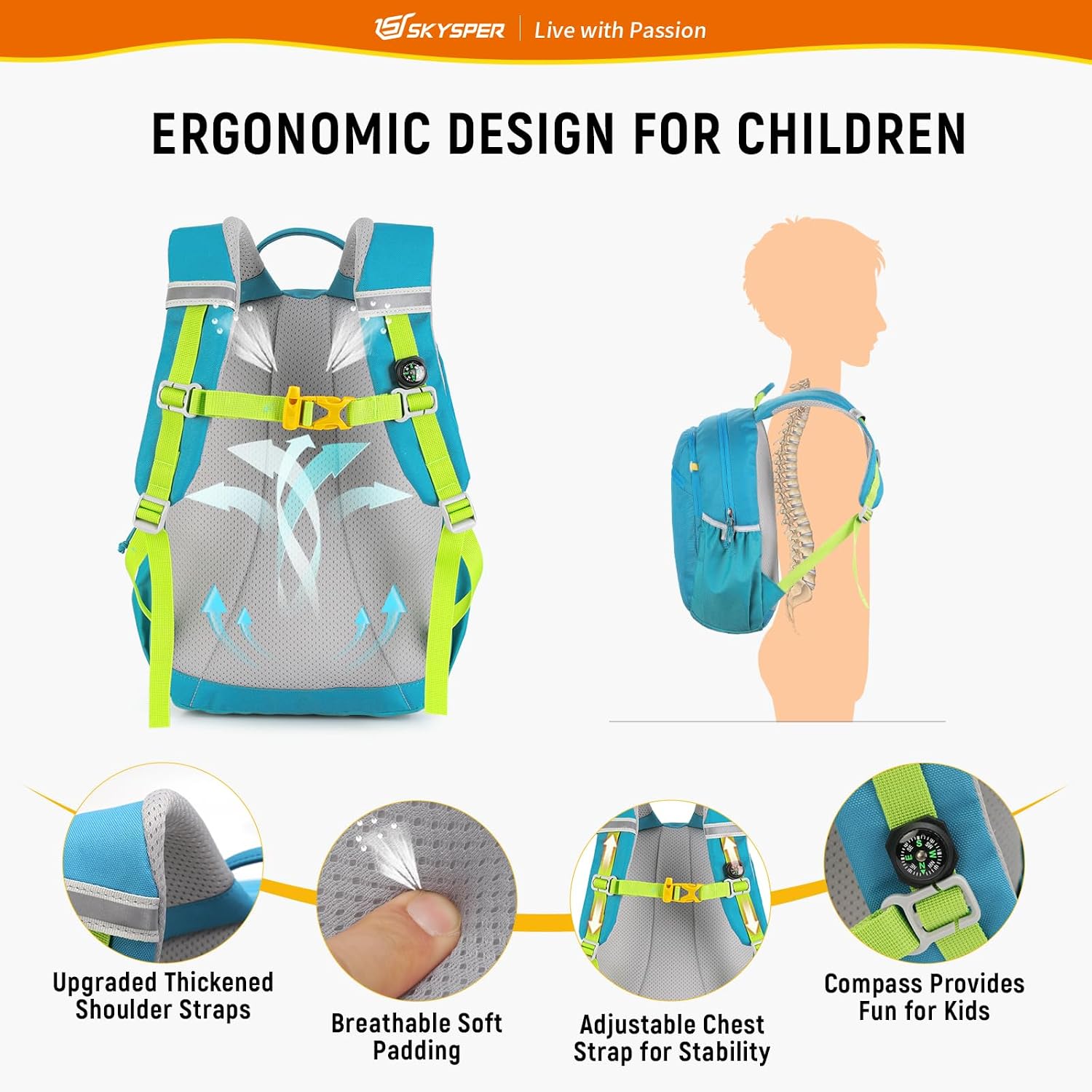 Detalle 2 de SKYSPER Kinderrucksack 10L mit Brustgurt – Wanderrucksack für Jungen & Mädchen