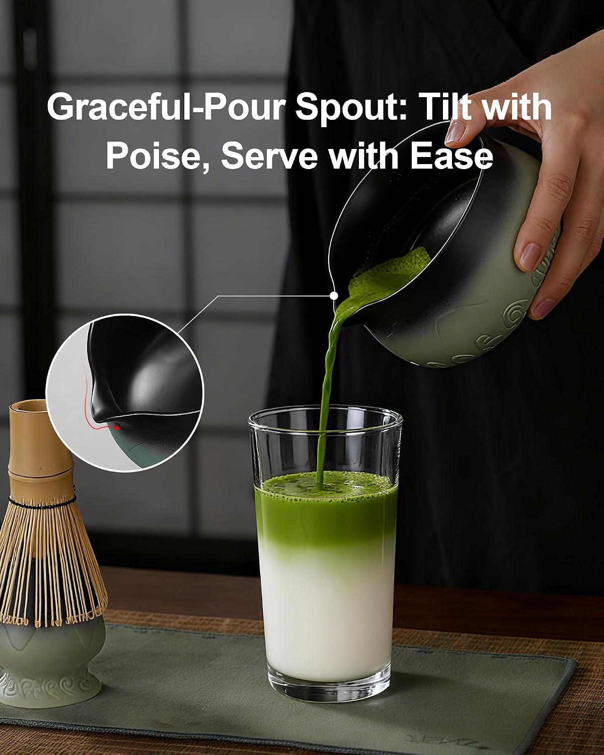 Detalle 2 de ZENS Matcha Tea Set with Bamboo Whisk (5pc) – Sage Green Ceramic Bowl, Chasen Holder, Scoop & Towel