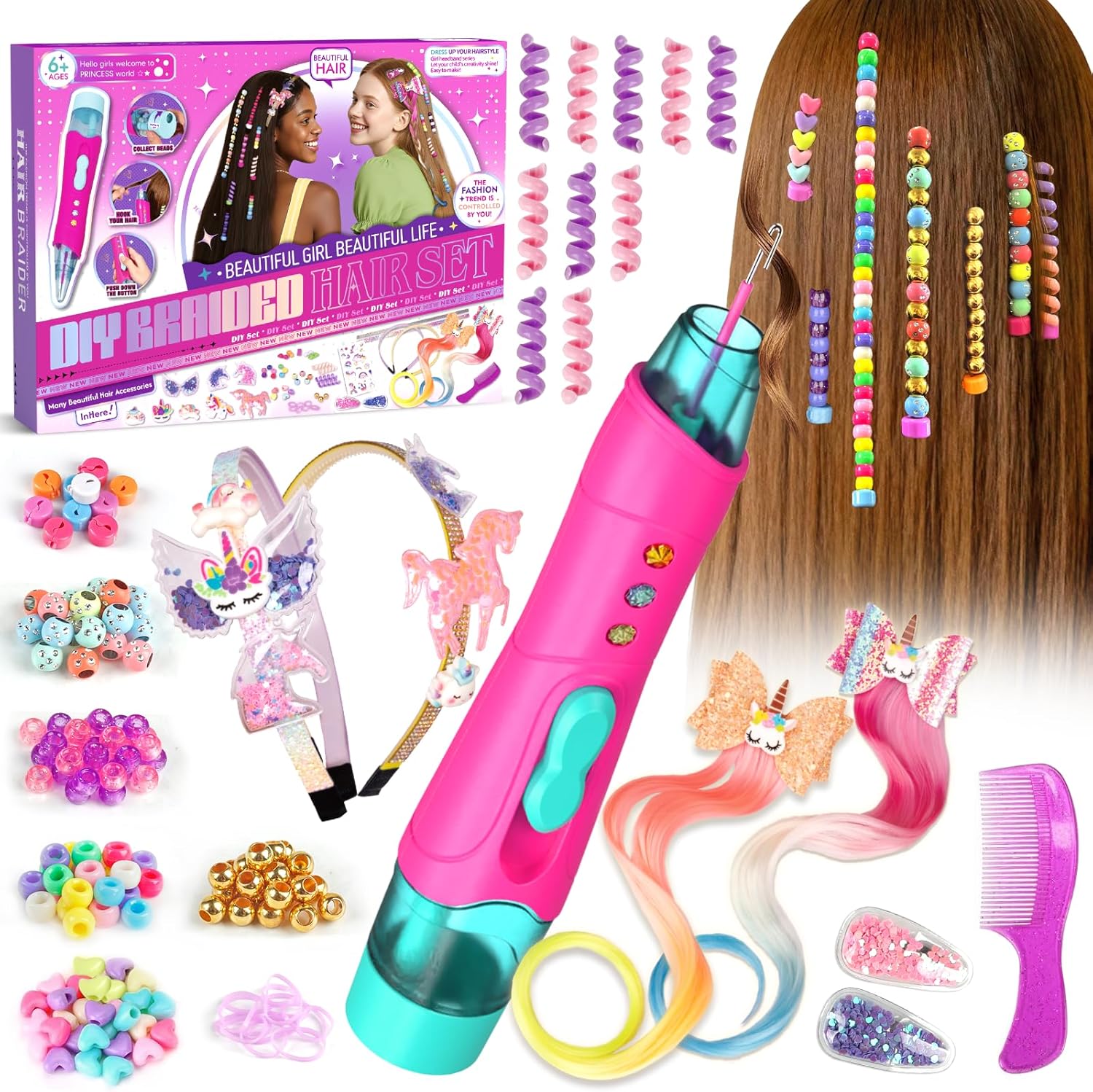 Detalle de Fozcmisw Geschenk Mädchen Set mit Haarflechtmaschine, Haarperlen & Einhorn-Haaraccessoires (ab ca. 5 Jahren)