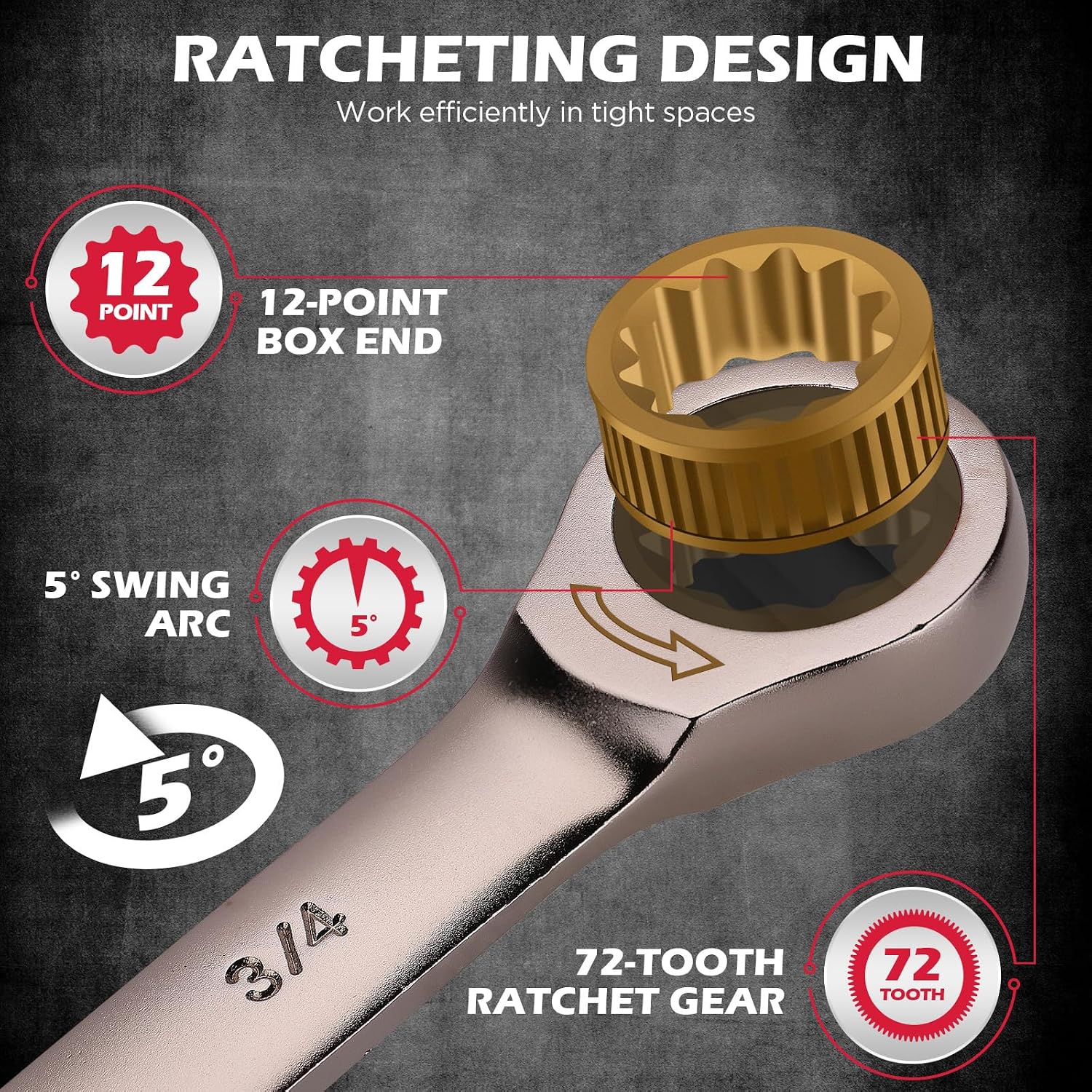 Detalle de SEDY 12-Piece SAE Ratcheting Wrench Set, 72-Tooth Cr-V Steel, 1/4–7/8 in.