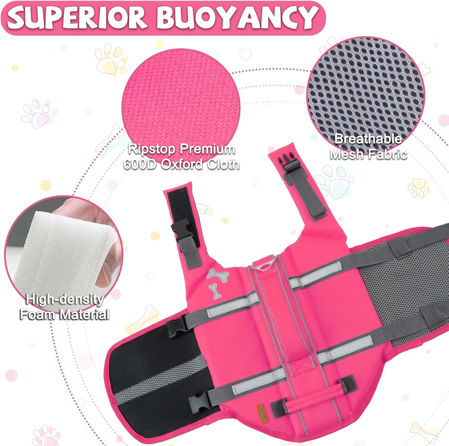 Thumbnail 2 de EMUST Dog Life Jacket (BrightPink) – high buoyancy dog flotation vest with reflective strips, handles and quick-release buckles, size L