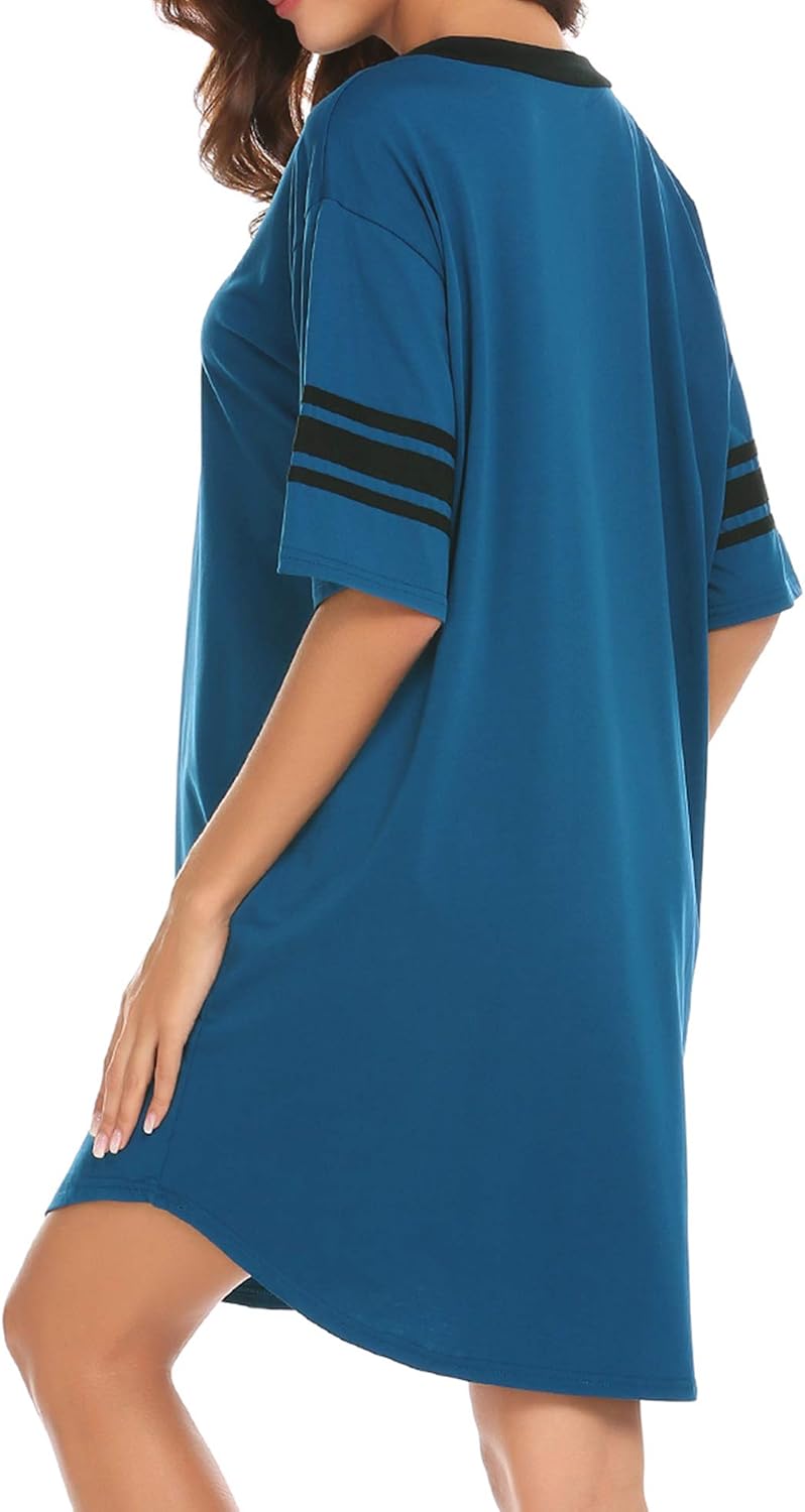 Detalle de Ekouaer EKV007064 Cotton-Blend Nightgown, Short-Sleeve V-Neck Sleep Shirt