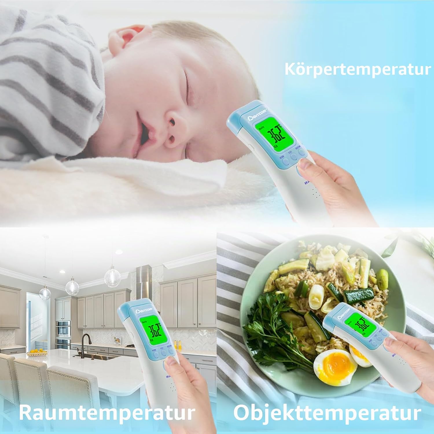 Detalle de Berrcom Fieberthermometer Kontaktlos Stirnthermometer – Infrarot 3-in-1, Fieberalarm, LCD Anzeige