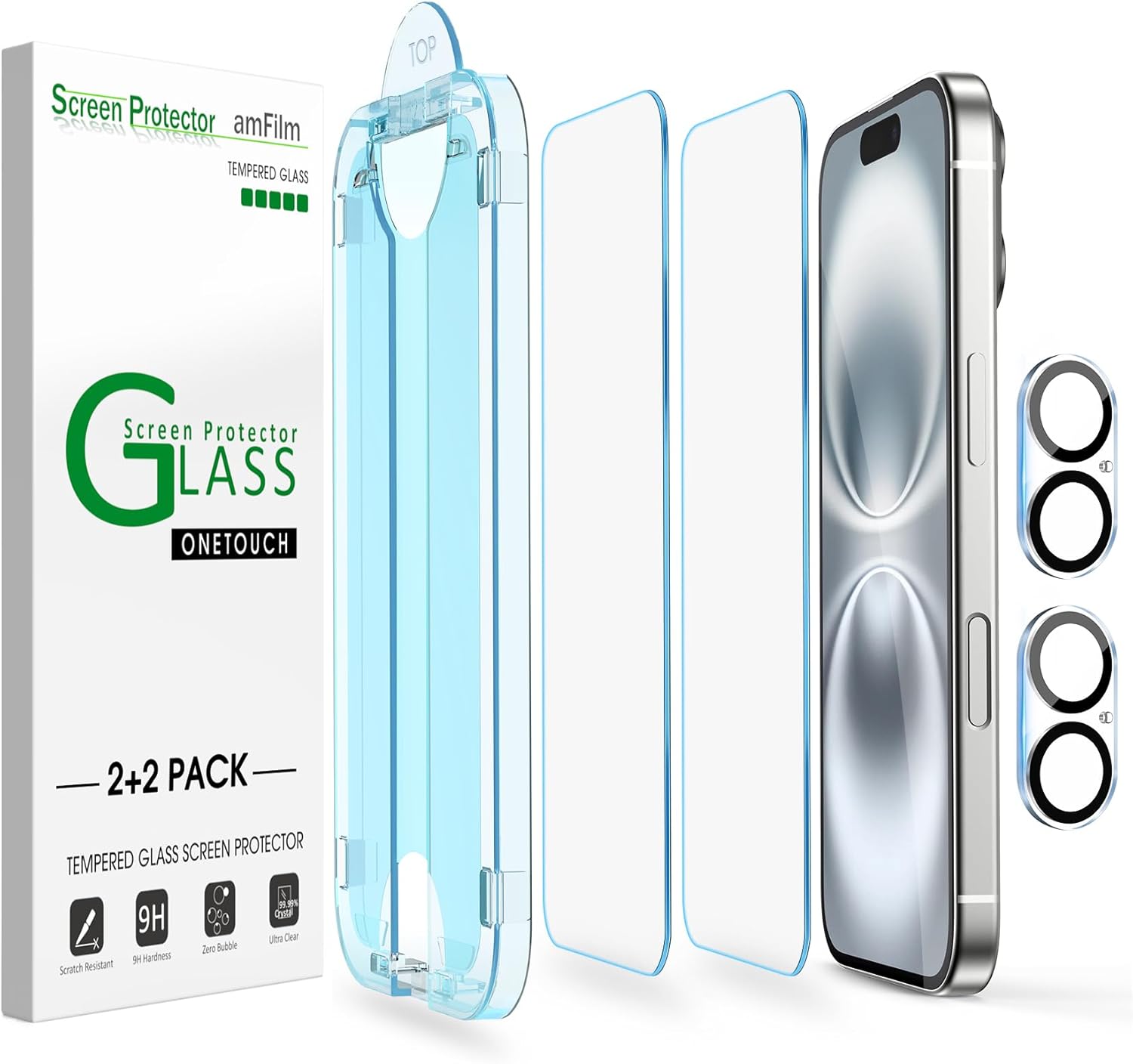 Detalle de amFilm OneTouch 2+2 Pack: Premium 6.1" iPhone 16 Screen Protector & Camera Lens Shield with Auto-Alignment