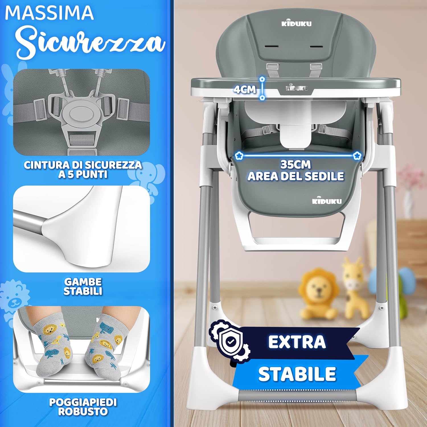 Thumbnail 4 de KIDUKU Seggiolone Pappa Neonato 3 in 1 con riduttore e bavaglino, pieghevole, regolabile 7 livelli (grigio chiaro)