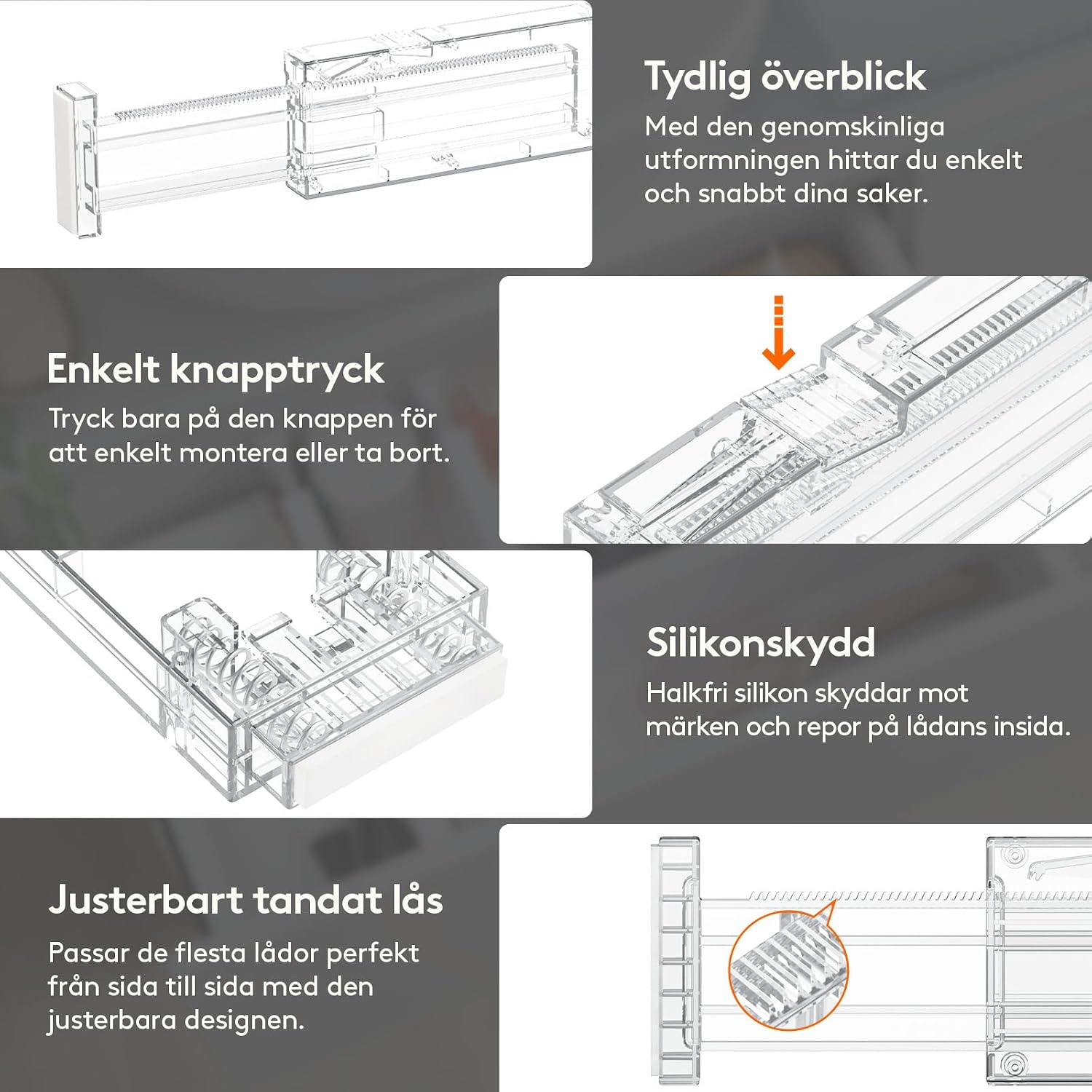 Detalle de Lifewit 4-pack lådavdelare, justerbara 40,6–56 cm, 6 cm höga