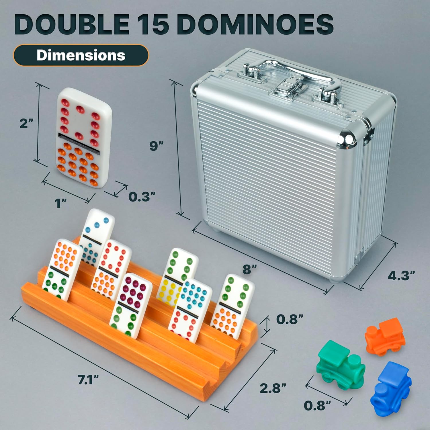 Detalle de Queensell Mexican Train Double-15 Dominoes Set (136 Tiles) with 8 Wooden Holders and Hub
