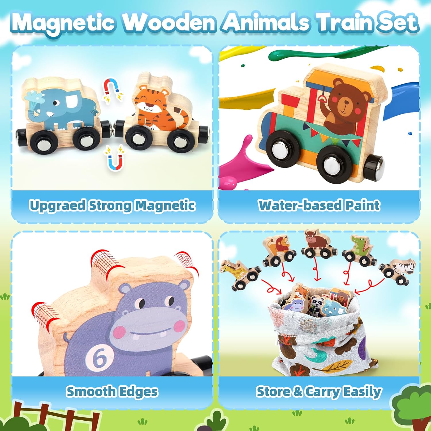 Detalle 2 de WhizWinks Jouet enfant 2 ans : train magnétique en bois sur tapis de jeu, ferme et animaux (1-2-3-4 ans)
