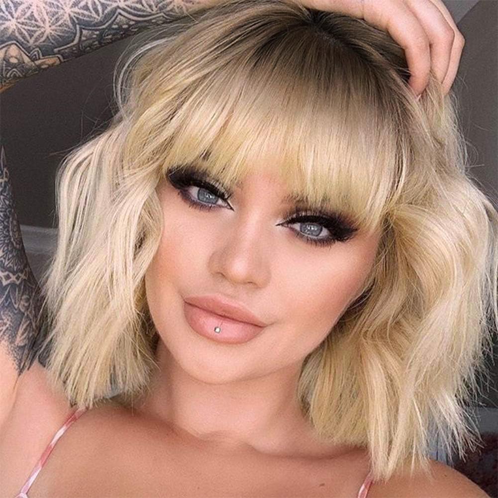 MISSQUEEN Short Blonde Wig with Bangs - Wavy Bob, Ombre Synthetic Hair
