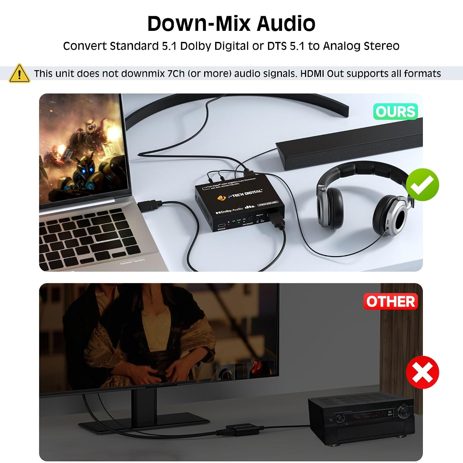 Detalle de J-Tech Digital HDMI Audio Extractor 4K 60Hz with ARC: HDMI to Optical & RCA Converter (JTECH-EXD-ARC)
