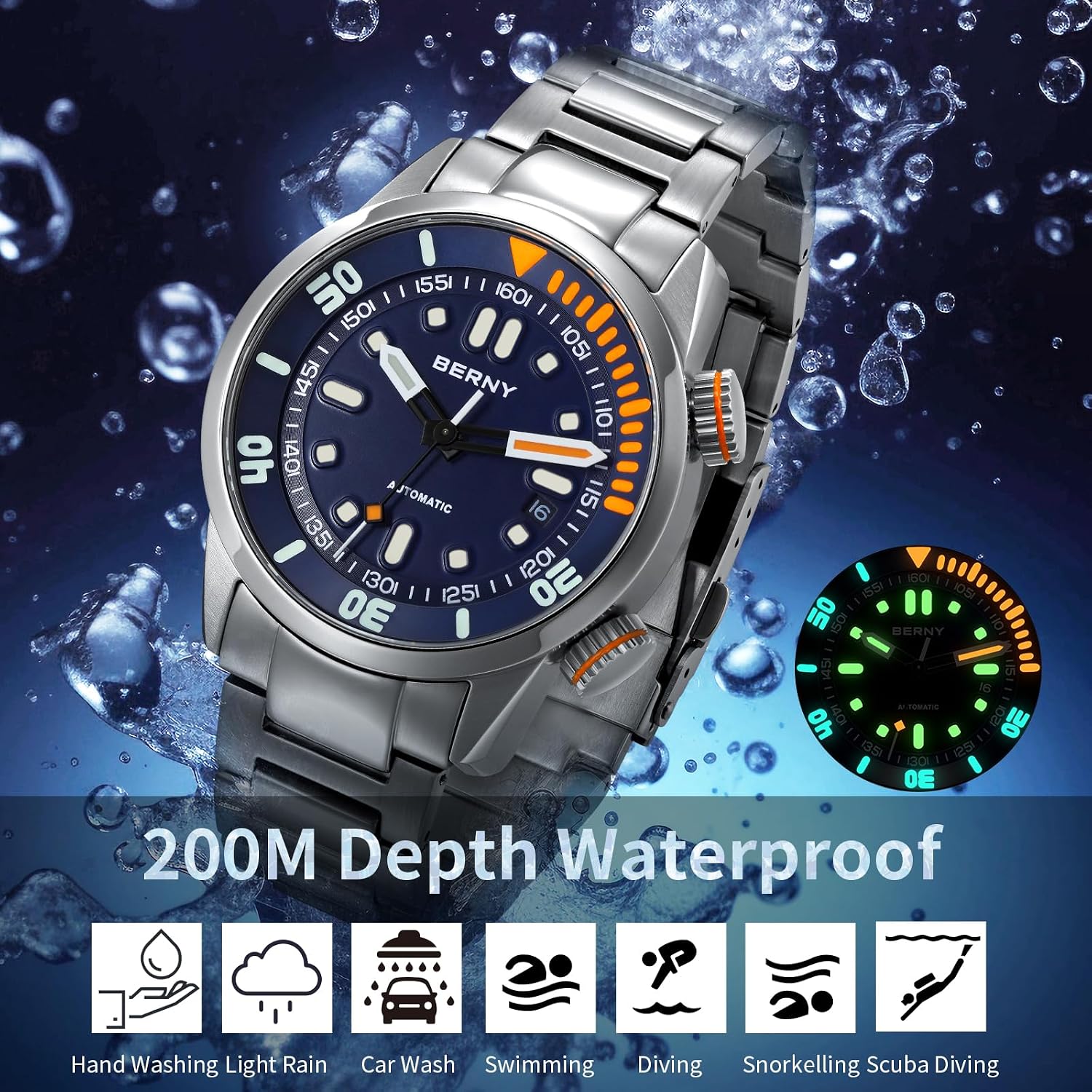 Detalle de BERNY Automatikuhr für Männer – 200 m Taucheruhr mit Saphirglas, Edelstahlband und Super-Lume