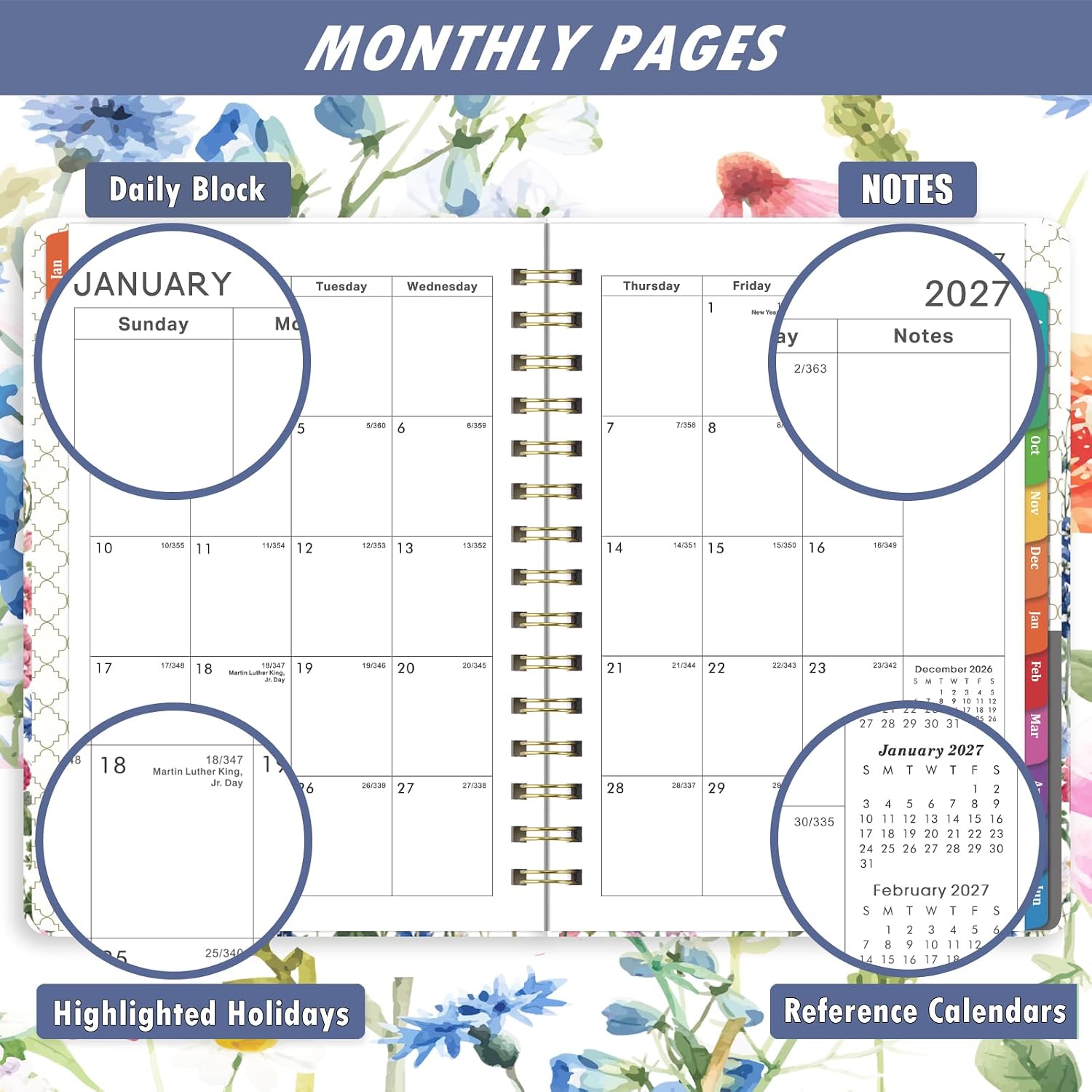 Detalle de Planrage 2027 Planner, Weekly and Monthly Hardcover with Floral Cover and Colorful Tabs