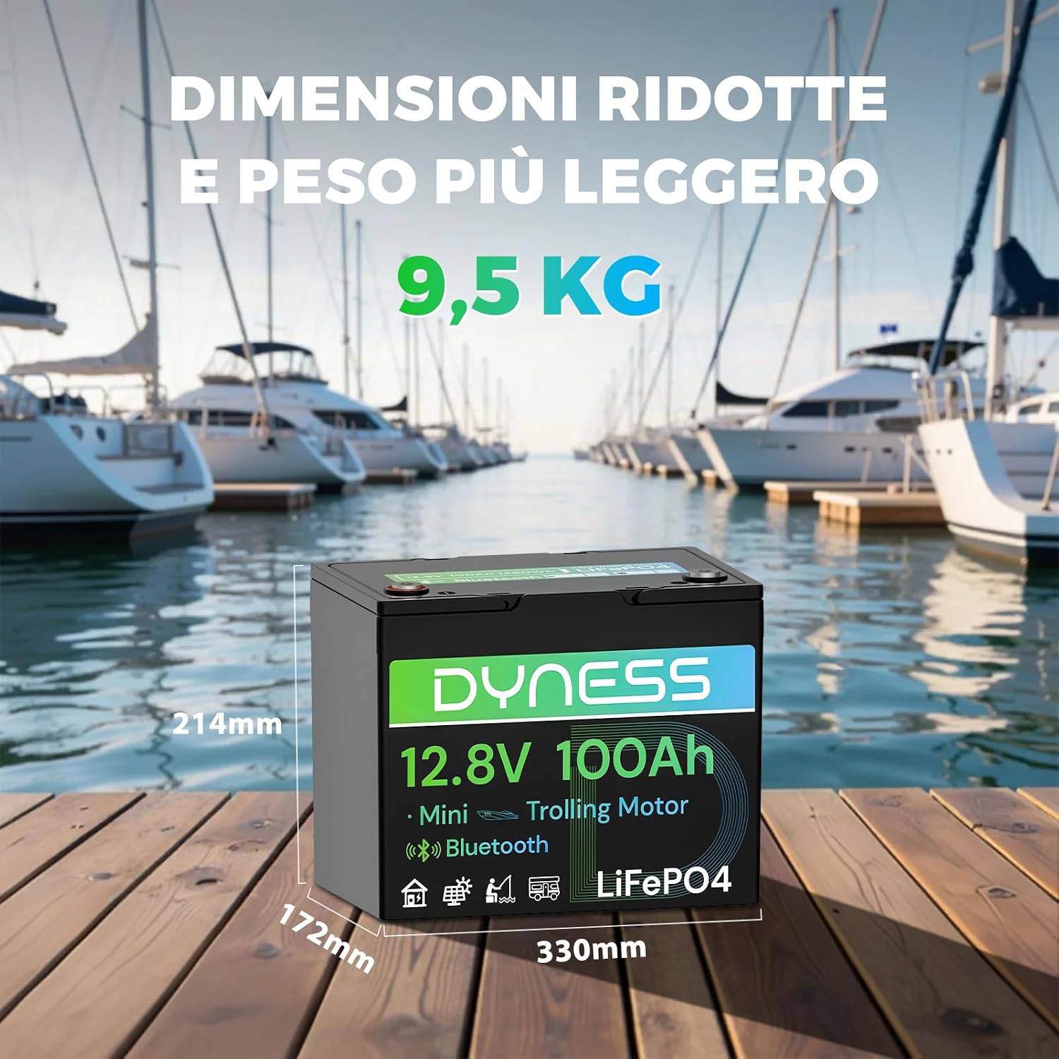 Detalle de Dyness Batteria LiFePO4 12V 100Ah Bluetooth: autonomia affidabile per nautica, camper e impianti solari off-grid