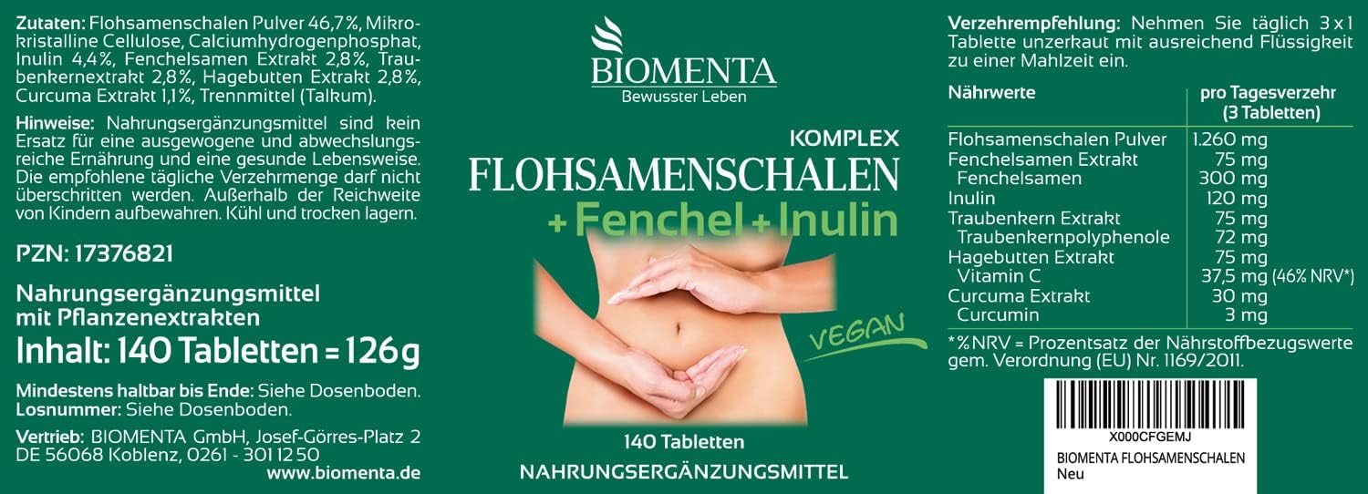 Detalle 2 de BIOMENTA Flohsamenschalen Komplex 140 Tabletten đ