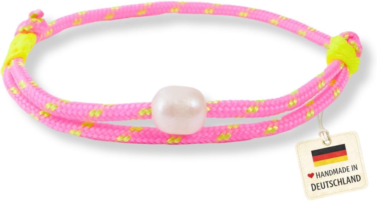 Thumbnail 4 de happymaker Segeltau Armband Damen – Bunter Schmuck mit echter Süßwasserperle, pink neon Knoten, größenverstellbar, wasserfest, handmade