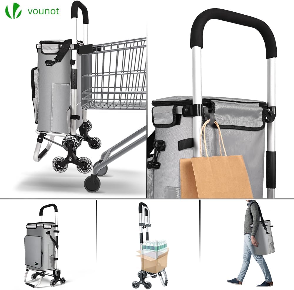 Detalle de VOUNOT Carrello Spesa Pieghevole in Alluminio: 6 Ruote, Borsa Termica da 60 L e Dettagli Riflettenti