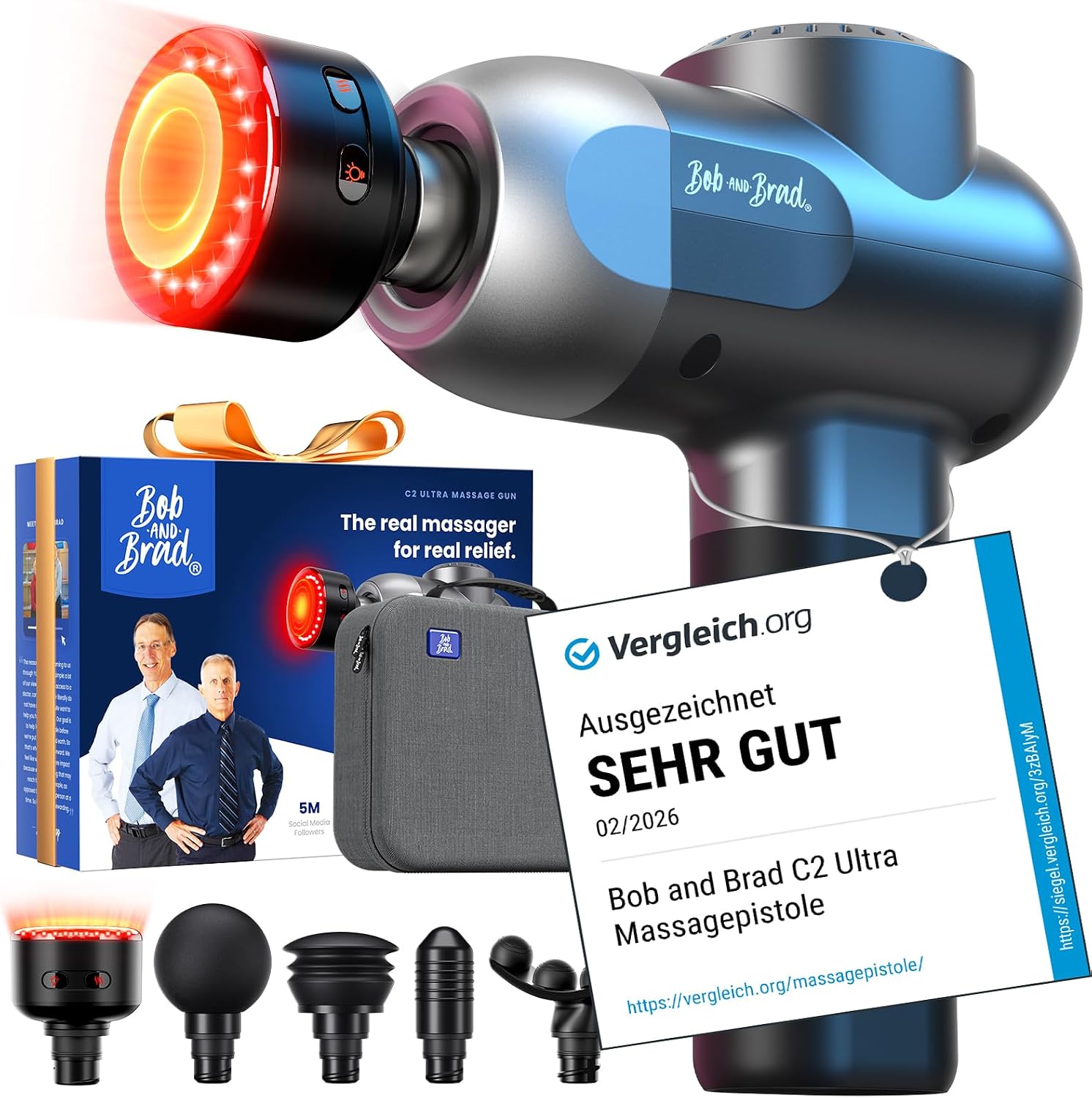 Detalle de BOB AND BRAD C2 Ultra Massagepistole mit Wärmefunktion & Rotlichttherapie – tragbares Percussion-Massagegerät