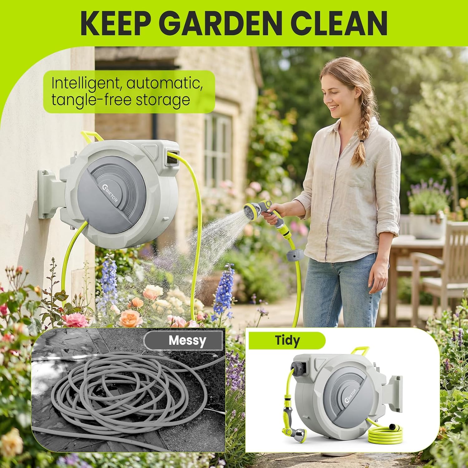 Thumbnail 1 de Bietor Retractable Garden Hose Reel with 30m + 2m Lead, 10-Pattern Nozzle, UV-Resistant Wall Mount