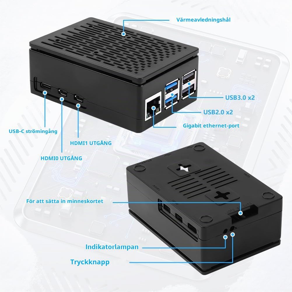 Detalle de Aolso Raspberry Pi 5-chassi i ABS med perforerad kylning och åtkomst till portar