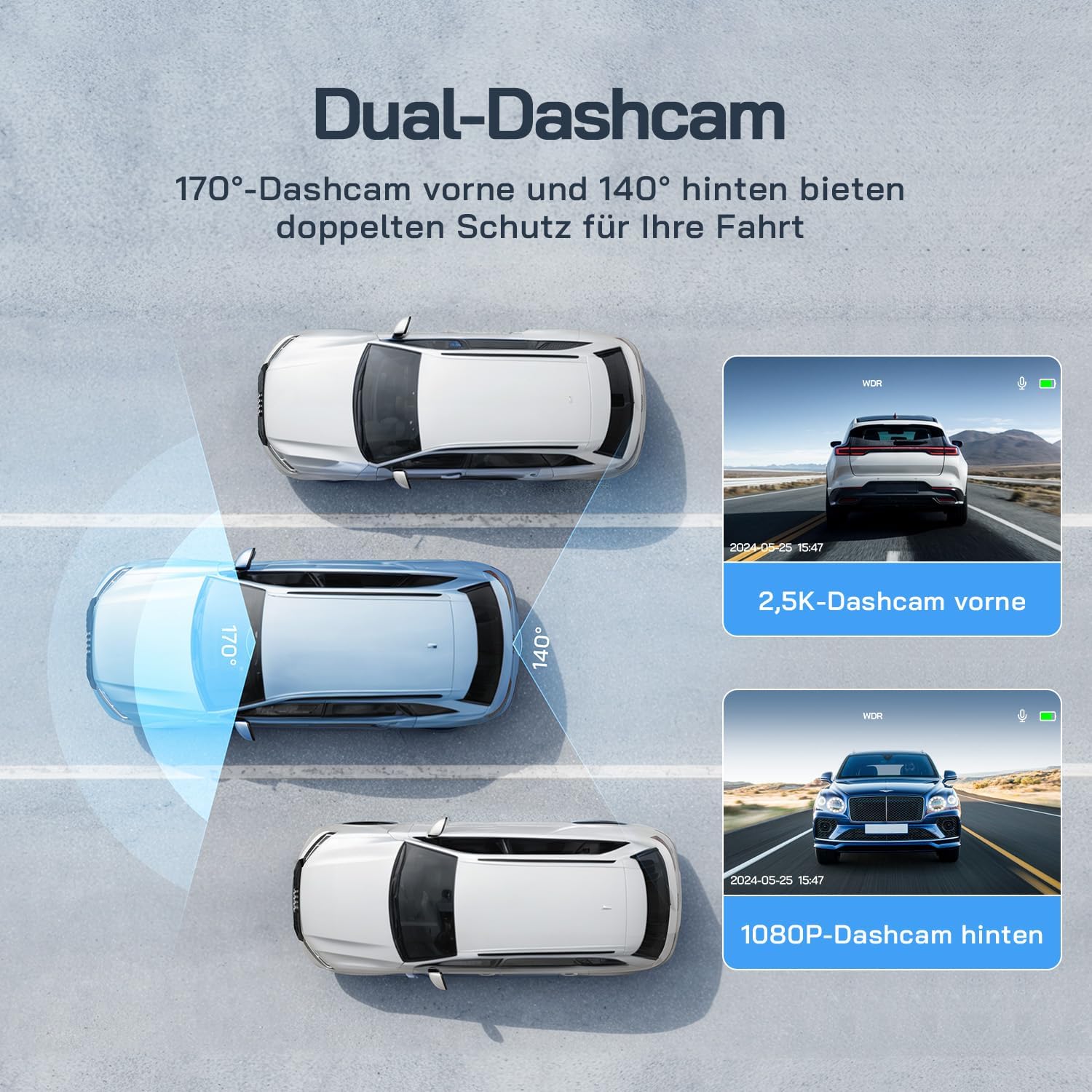Detalle de WOLFANG Dashcam Auto vorne & hinten 2,5K + 1080P mit 170° Weitwinkel, WDR und 24h Parkmodus inkl. 32-GB-SD