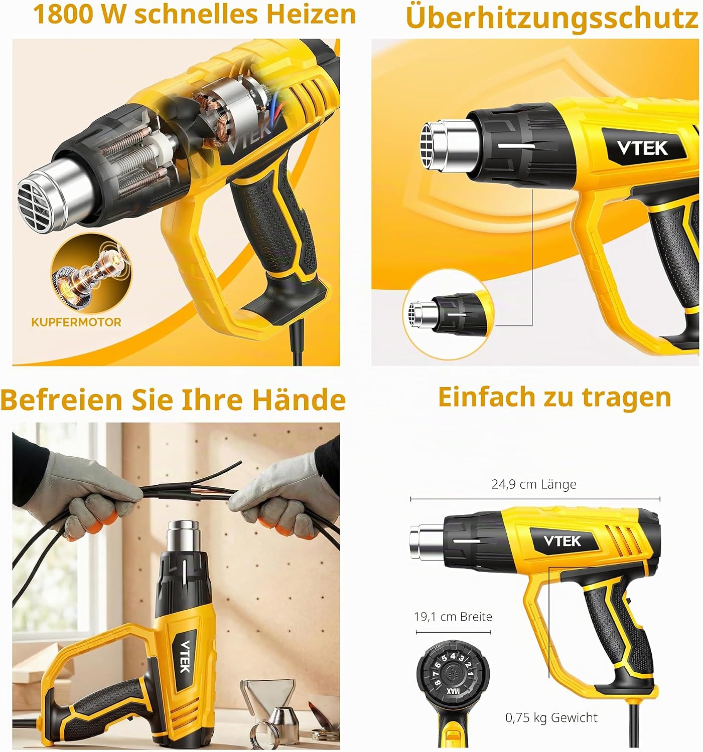 Detalle 2 de VTEK Heissluftpistole 1800W: Vielseitige Heißluftföhn mit 60–650°C und 3 Luftströmungsstufen