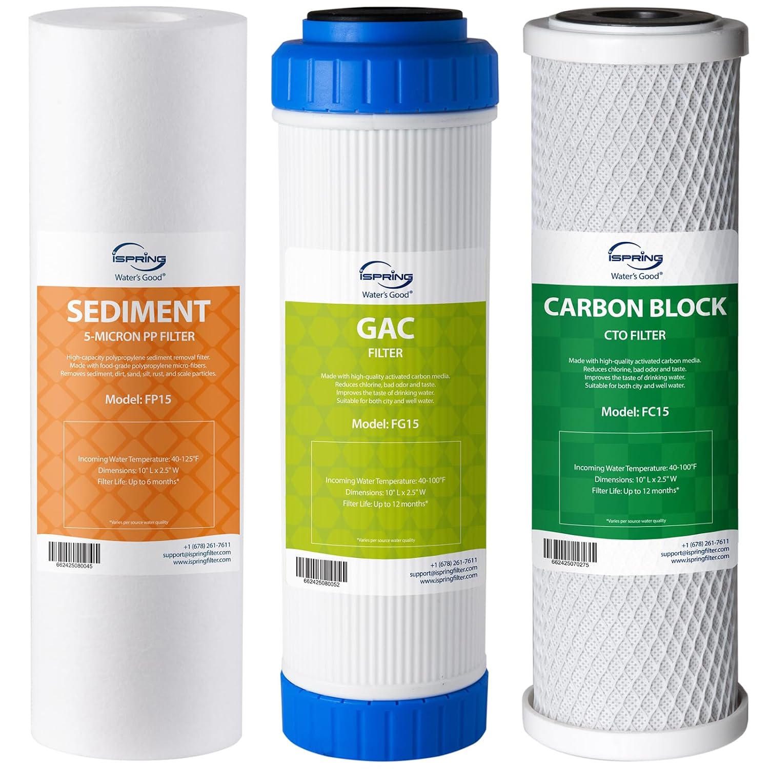 Detalle de iSpring F3 RO-voorfilterset, 10" x 2,5", met sediment- en koolstoffilters