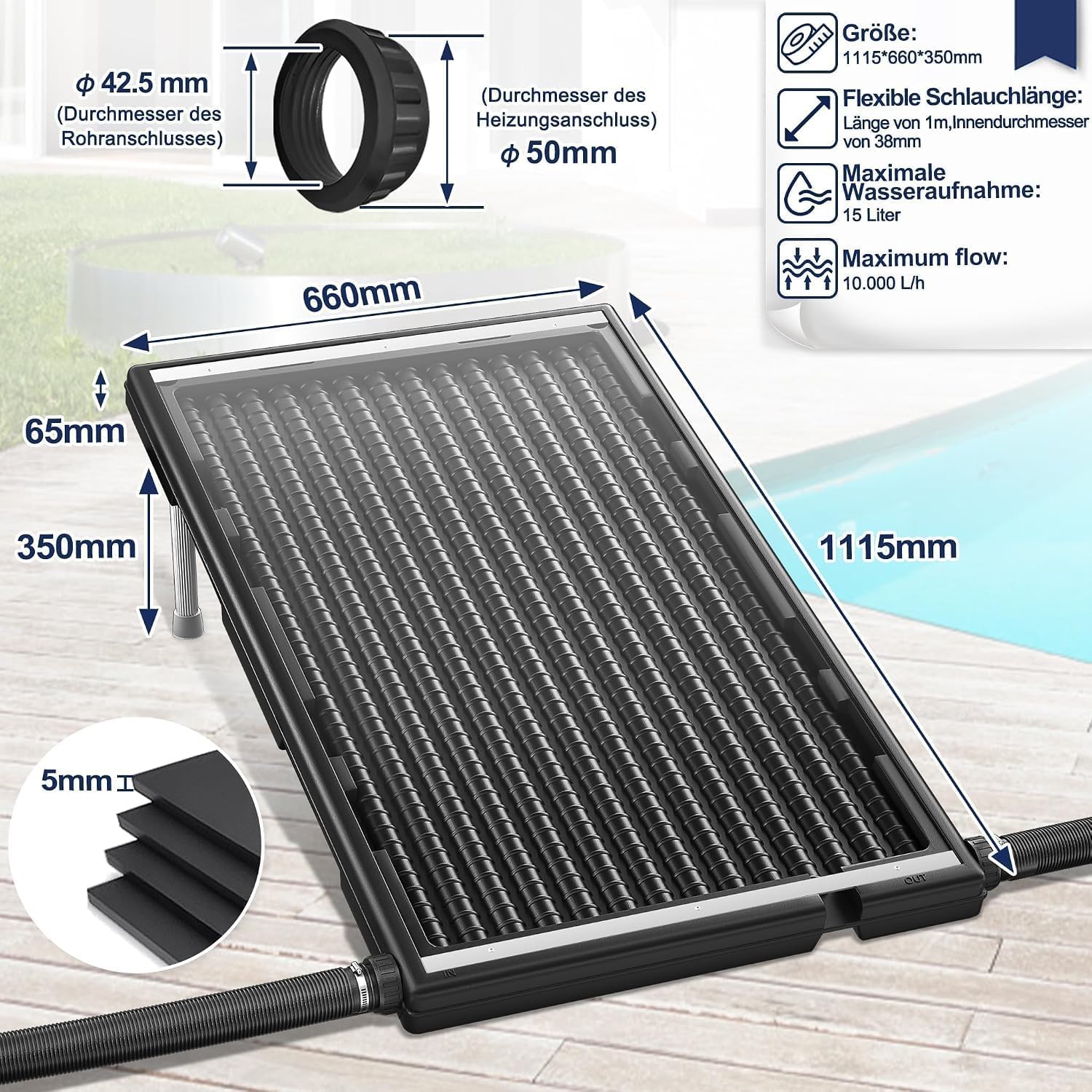 Detalle 2 de UISEBRT Solar Pool Heater, 111.5 x 66 x 6.5 cm, UV-Resistant