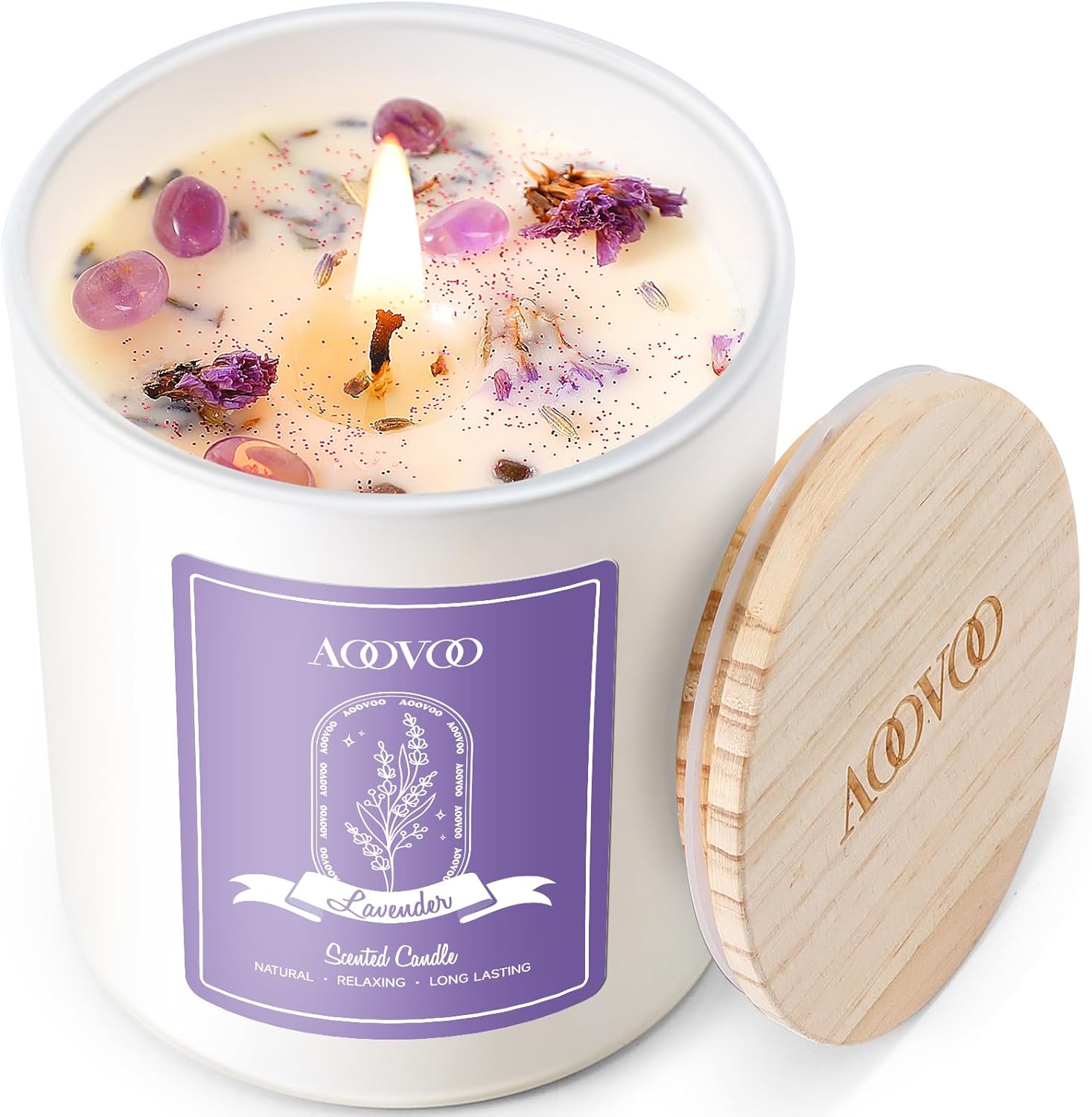 AOOVOO Lavender Scented Candle for Women – 10oz Soy Candle with Crystals Inside