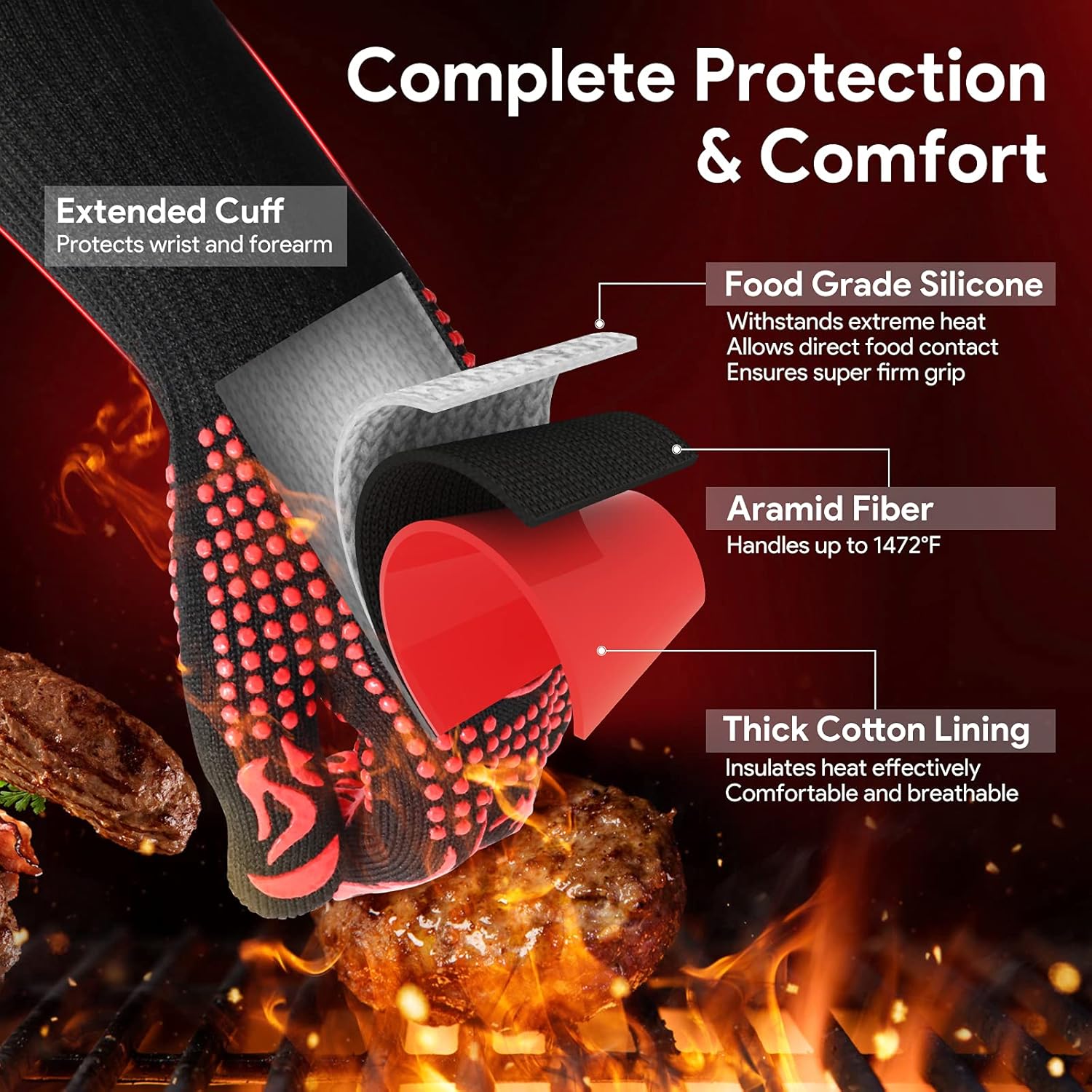 Detalle de BBQ Gloves heat resistant oven mitts and grilling gloves (up to 1472°F/800°C) – aramid gloves with silicone grip (pair)