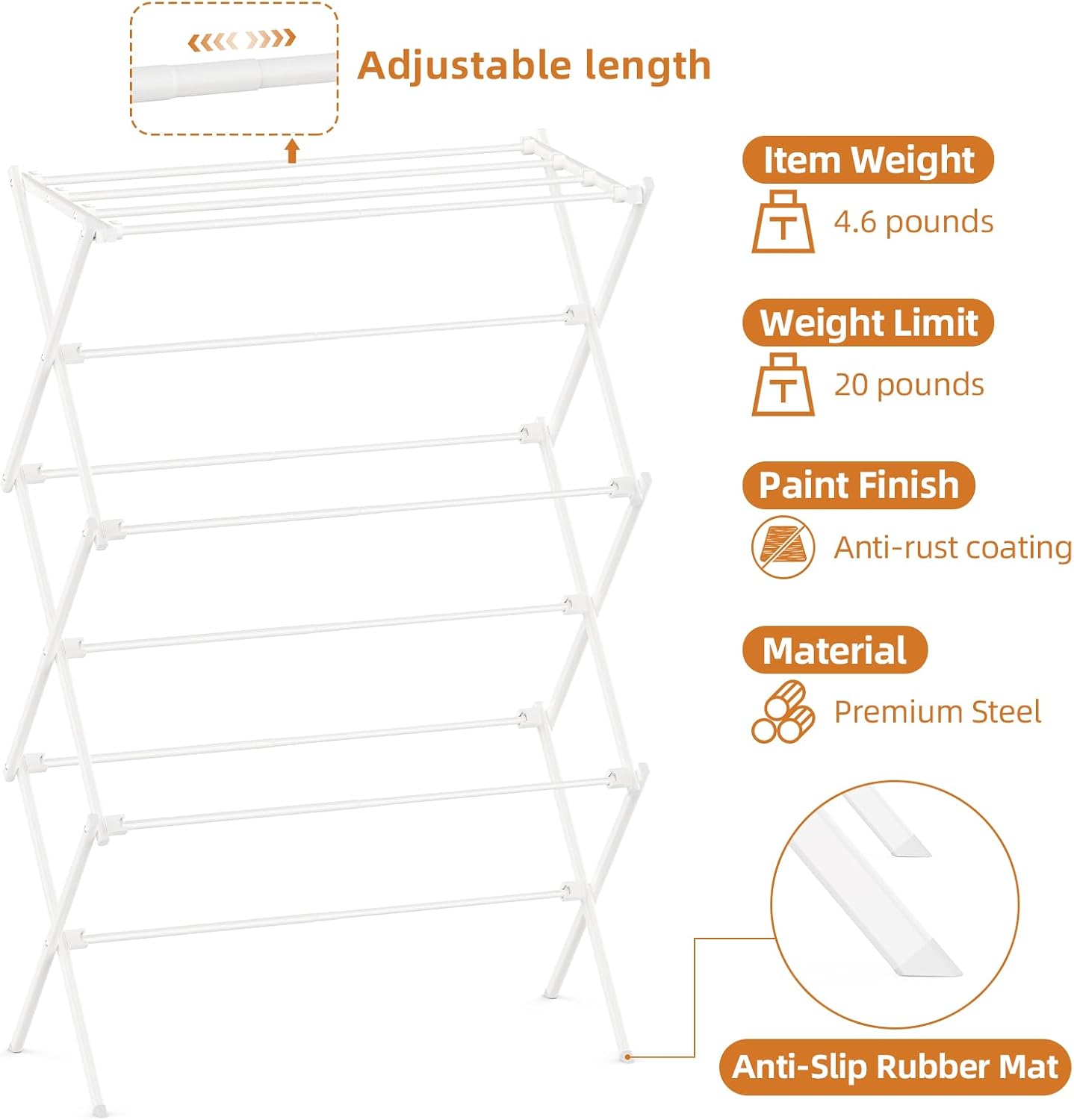 Detalle de FILROUG 3-Tier Clothes Drying Rack, Foldable Steel Frame, White