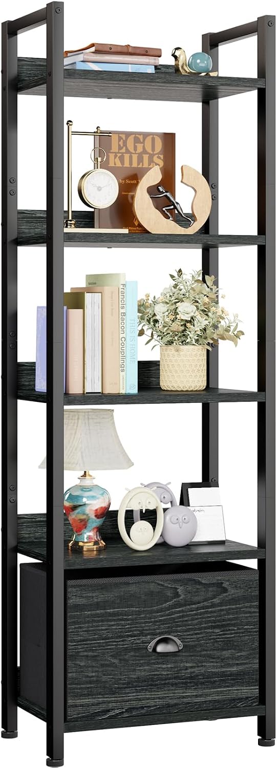 Detalle de Furologee 5-Tier Bookshelf with Drawer, Black Oak, Narrow 55.5-Inch Shelf