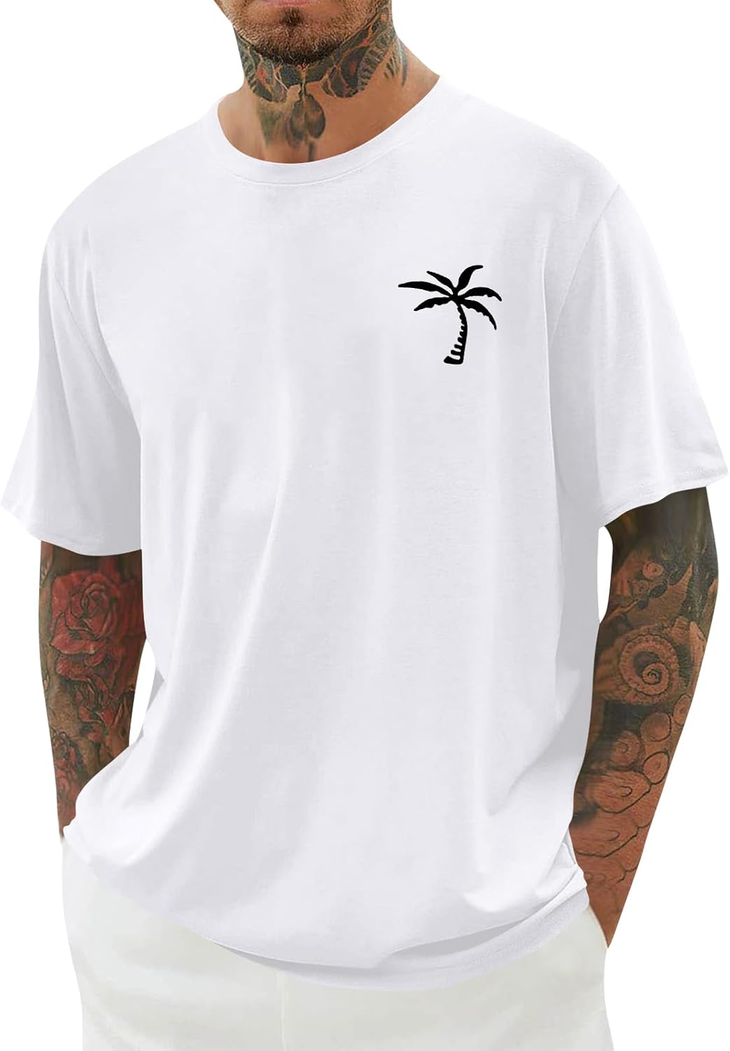 Detalle de iudam Herren Kurzarm T-Shirt mit Palmenprint – Sommer-Top aus Baumwollmischung