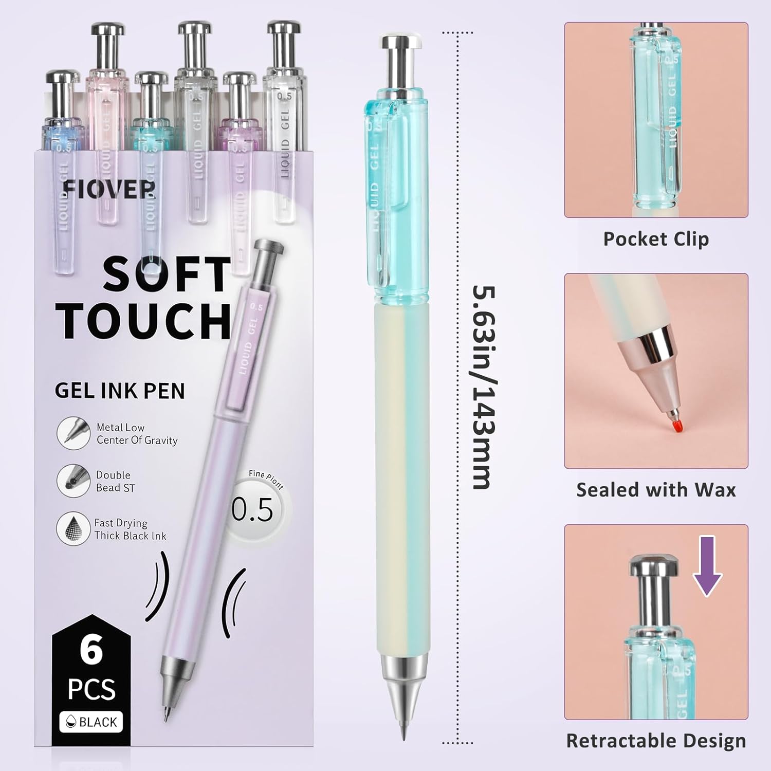 Thumbnail 5 de FIOVER Gelstifte-Set (6 Stück) mit 0,5 mm Spitze, schnell trocknende schwarze Tinte