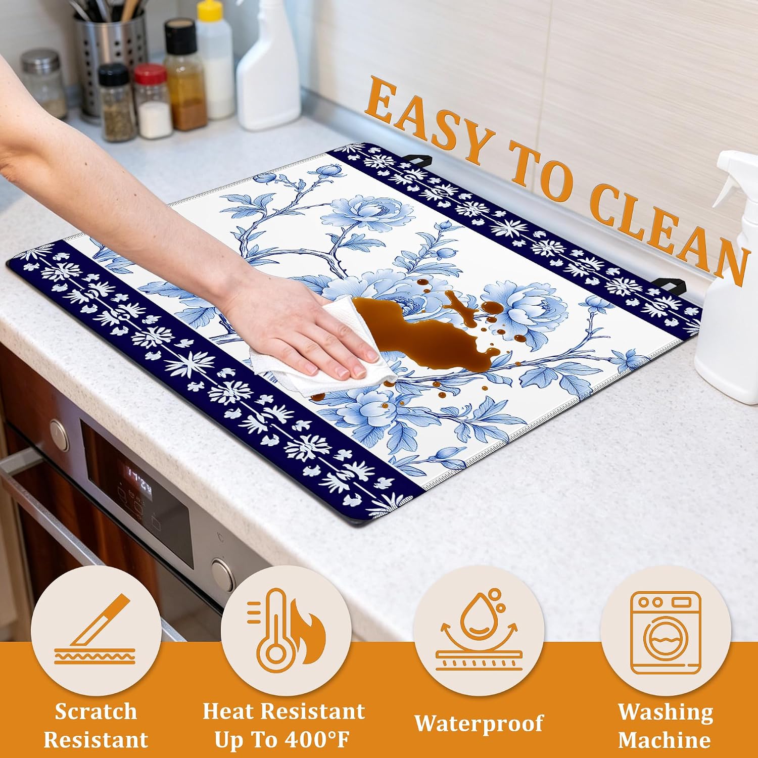 Detalle 1 de YIKTI Blue Floral Stove Top Cover, 28 x 20 Inch Heat-Resistant Mat