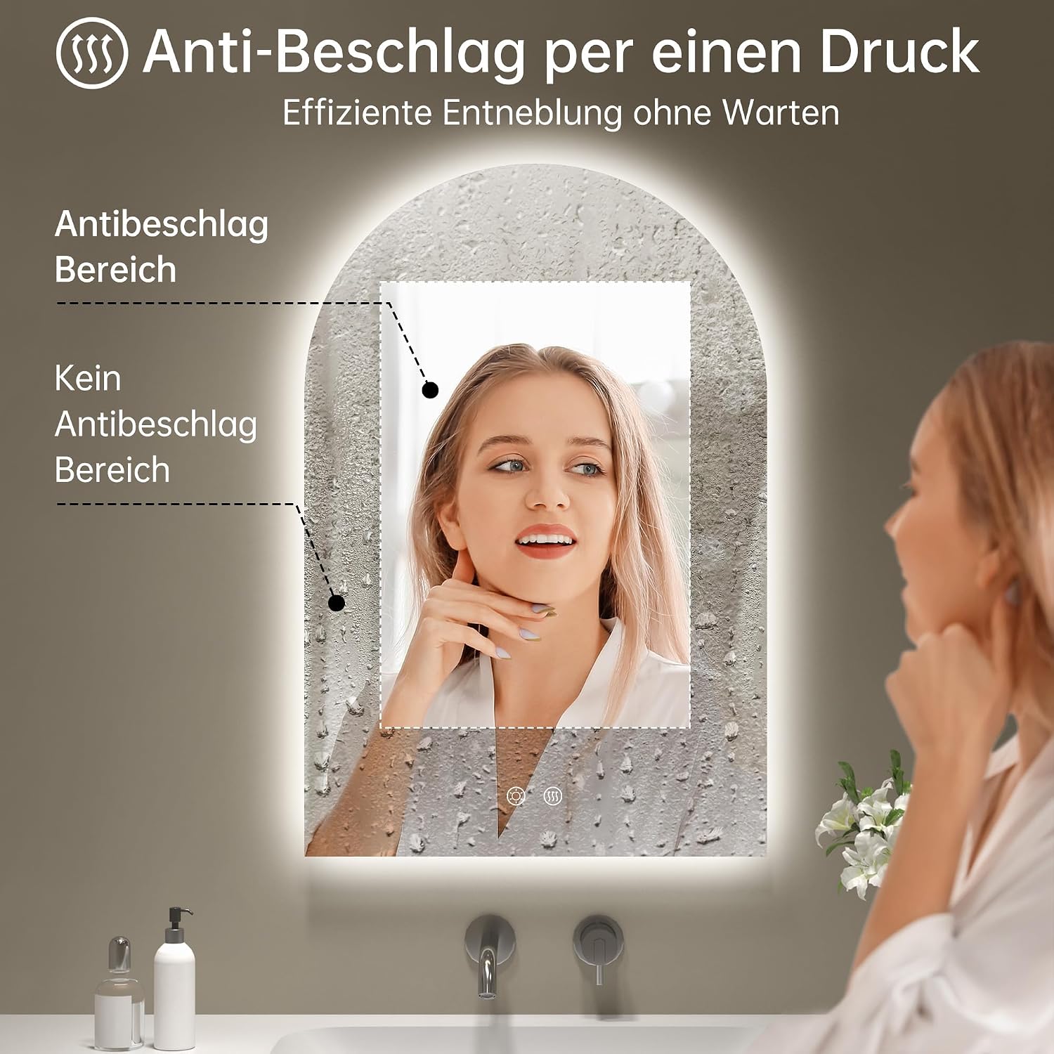 Detalle 2 de OUMUSU Badspiegel mit Beleuchtung Bogen 50x75 cm – rahmenlos, beschlagfrei per Heizung & Touch, dimmbar